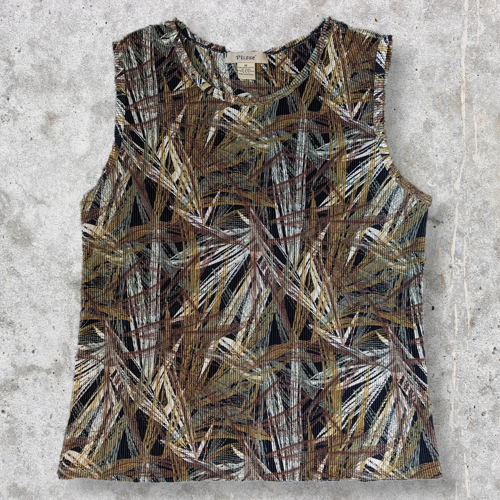 Plisse Vintage Black Brown Abstract Leaf Tank Top 100% Polyester Ribbed sz M